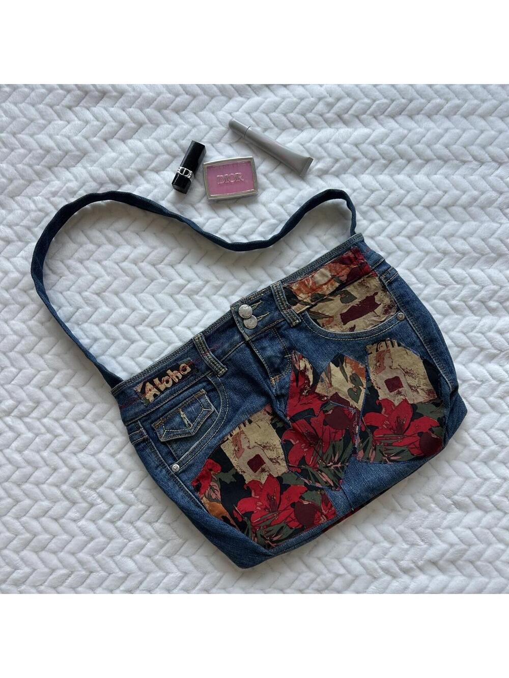 Y2K denim floral print denim purse with red flowers and green leaves